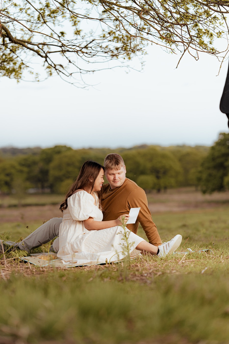 Couple at a picnic with baby scan — portrait photography London
